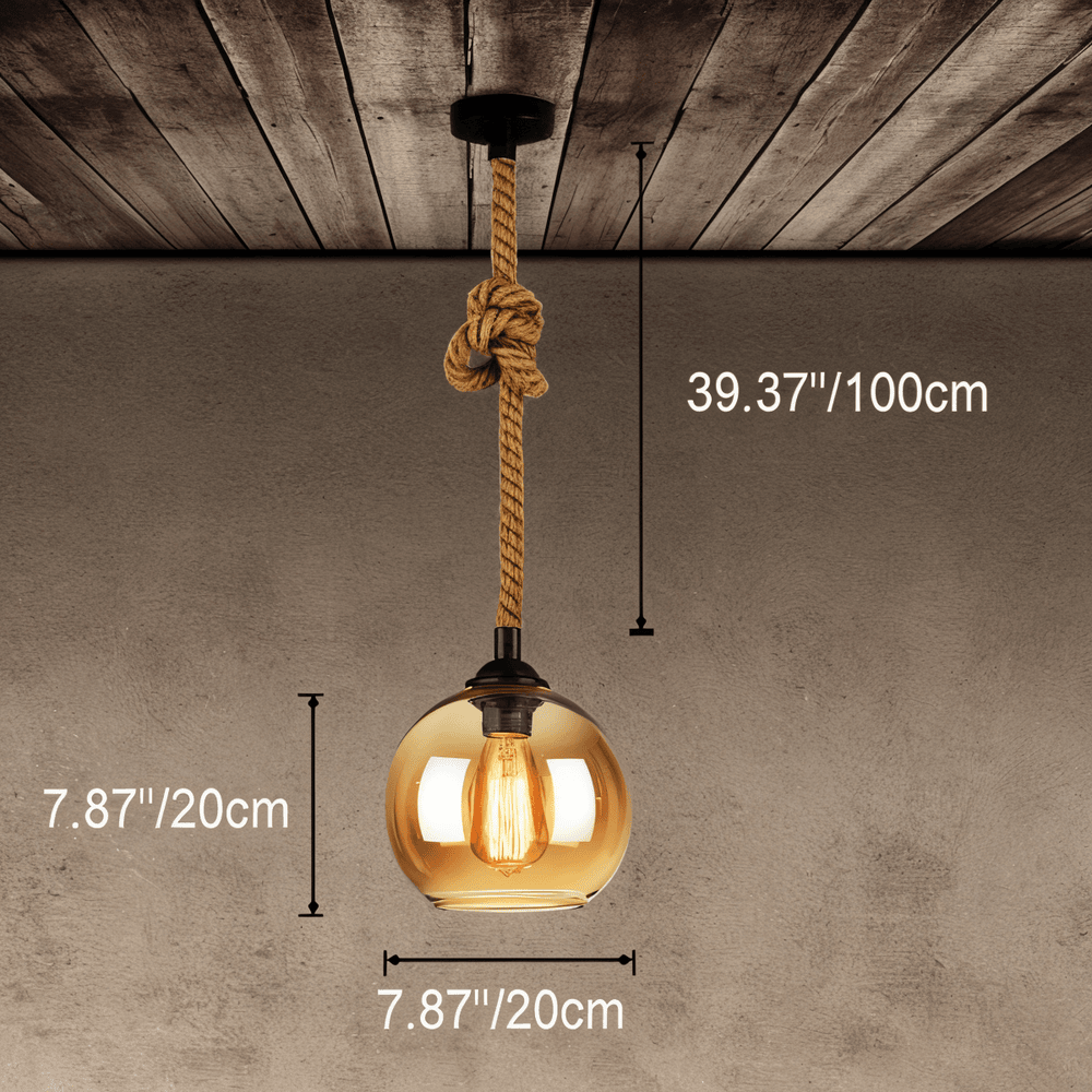 Rustik OrbLight - Pendellampa med Glasboll i Rep - Vintage Hängande Lampa