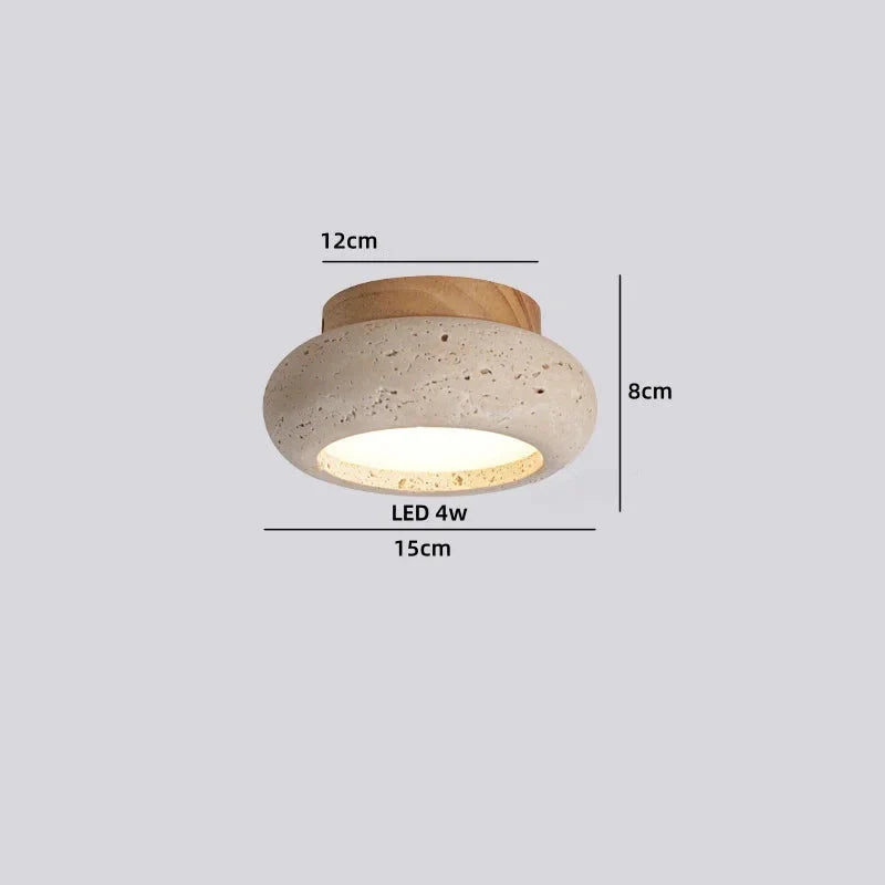Takmonterad plafondlampa i gul travertin och trä med rund form