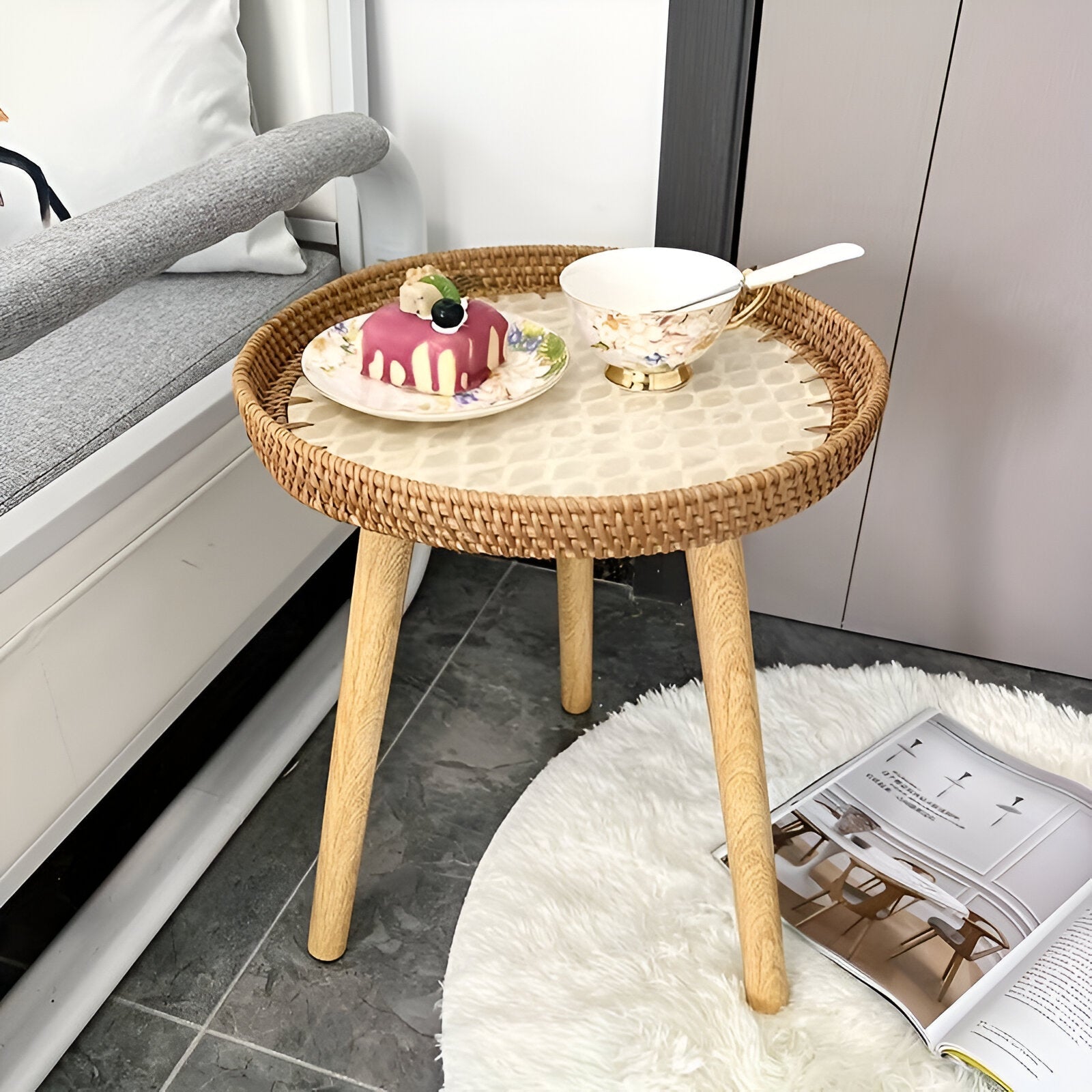 Scandi Soffbord - Handgjort Rattan Soffbord Runt - Soffbord i trä