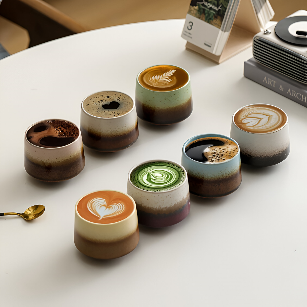 Set med 4 Keramiska Kaffekoppar med Färgövergång – 200 ml Matta Espressokoppar, Värmetåliga