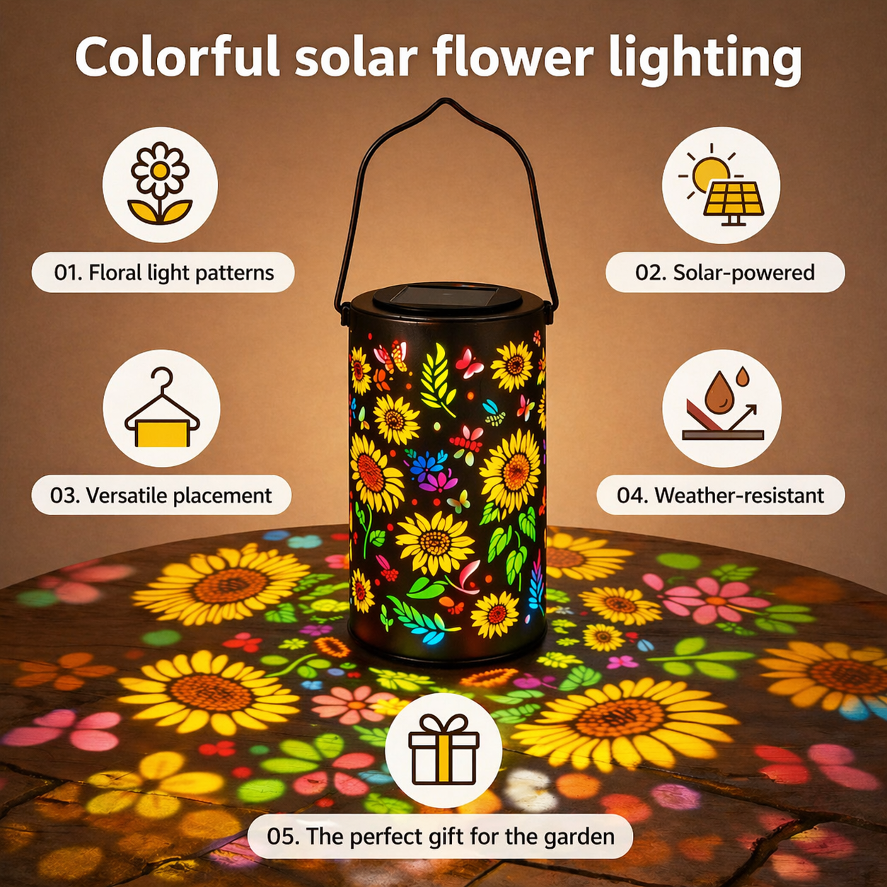 Tänd solarlykta med blommönster som skapar dekorativ ljuseffekt