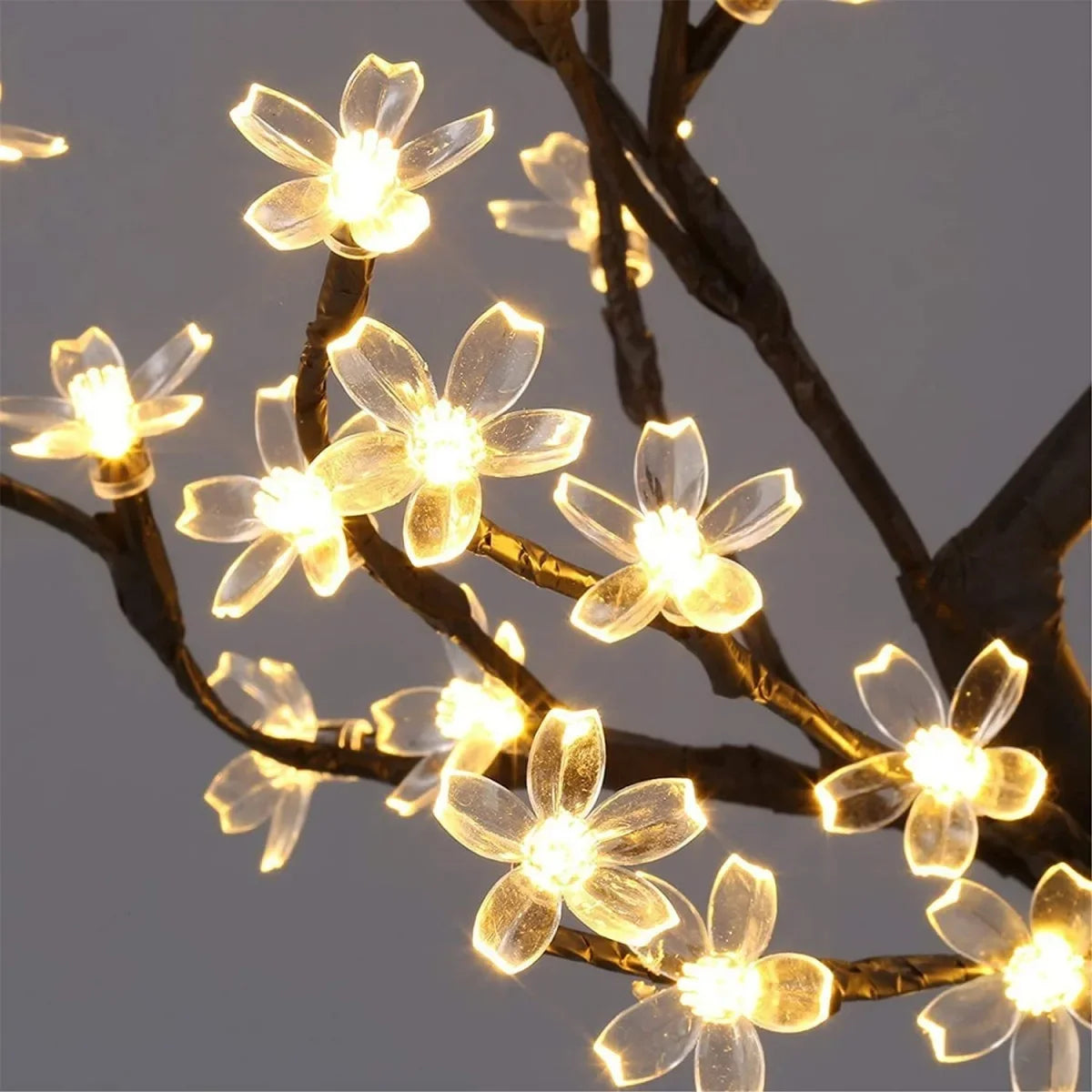 Solcellsdriven ljusslinga med varmvit LED och körsbärsblommor utomhus