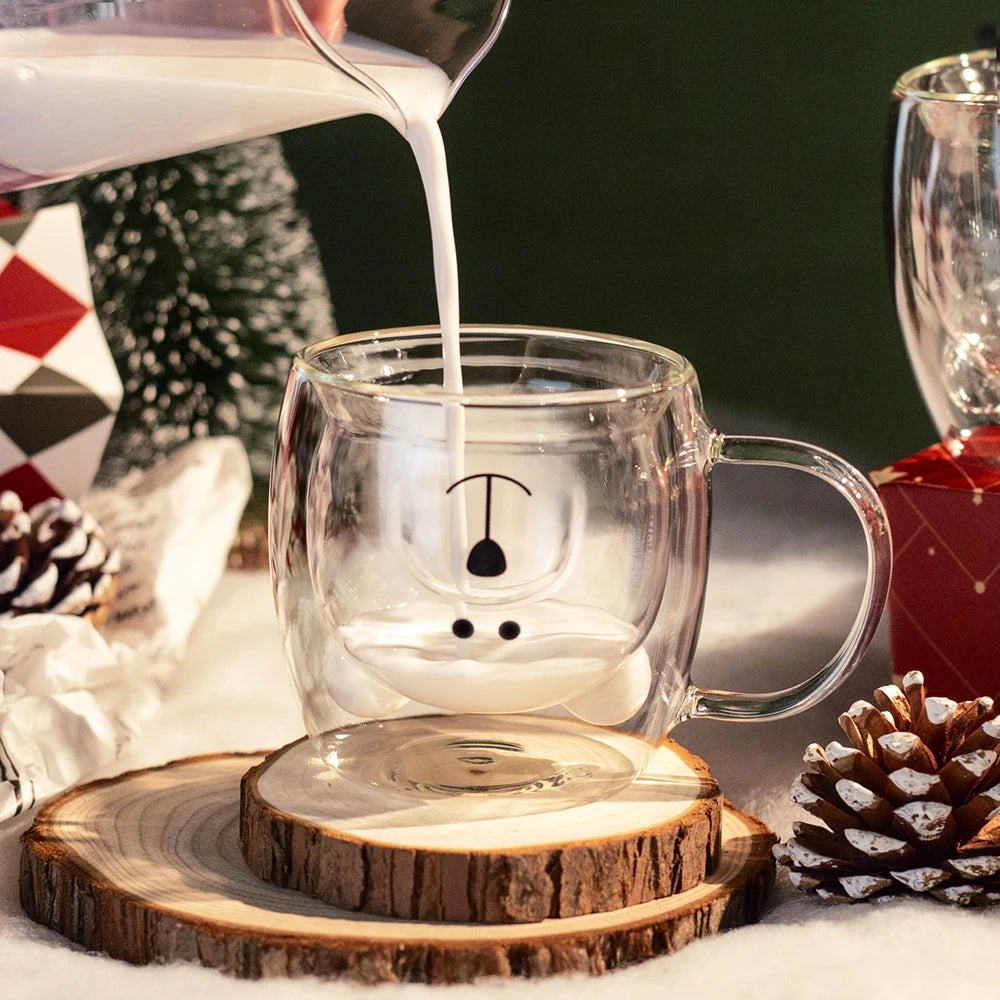 Söt dubbelväggig kaffemugg - borosilikatglas med björnmotiv för iskaffe och mjölkte - 260ml 4