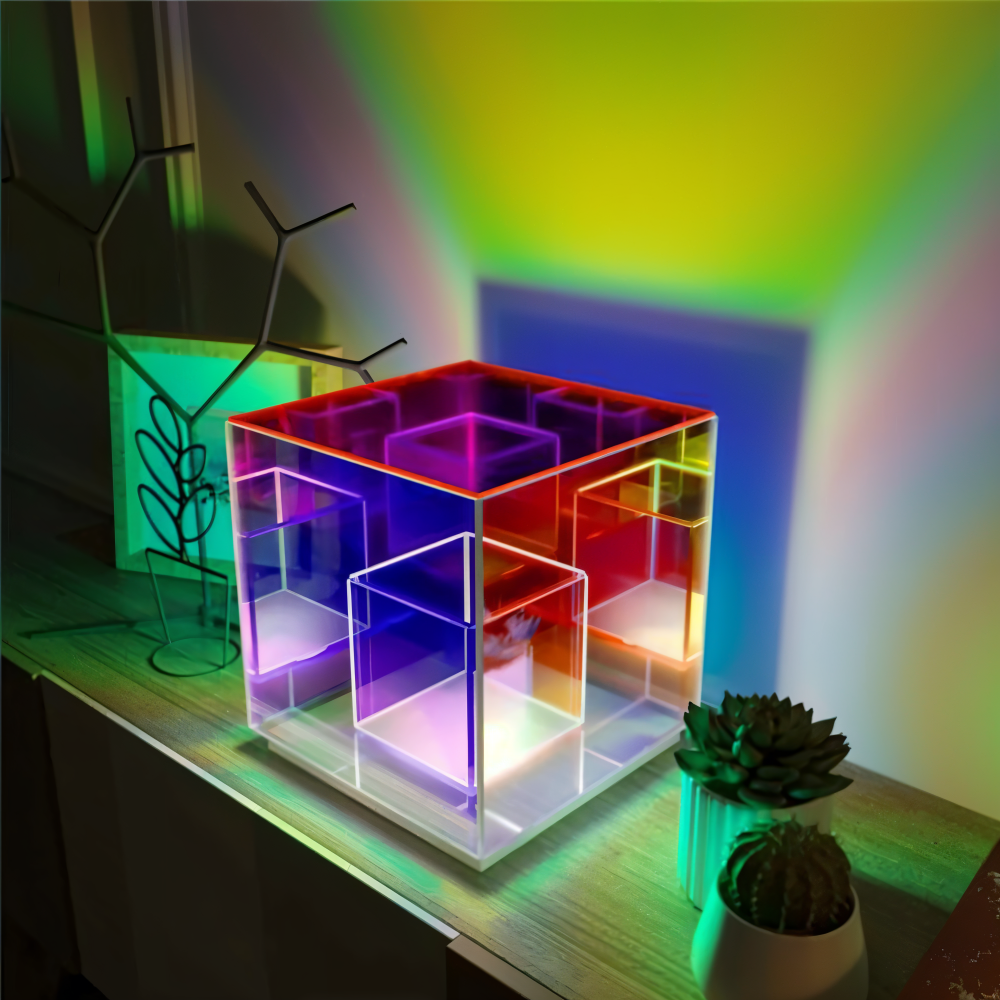 Spectra-Cube Bordslampa - Regnbågsakryl LED-lampa med Fascinerande 3D Illusion