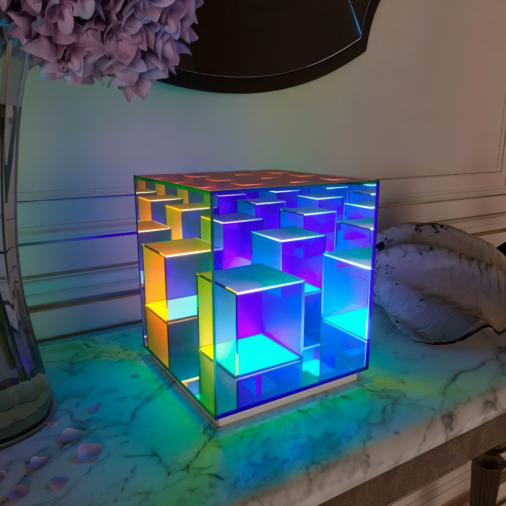 Spectra-Cube Bordslampa - Regnbågsakryl LED-lampa med Fascinerande 3D Illusion