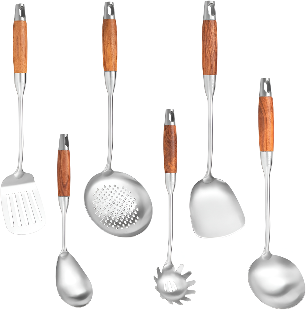 Köksredskapsset i Rostfritt Rtål, Silver, 6 delar – Köksredskap med Trähandtag – inkl. Stekspade, Slev och Pastaslev