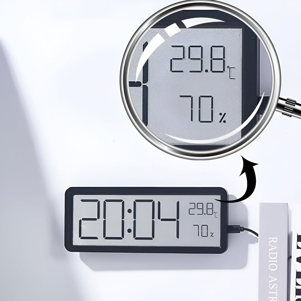 Stilfull LED-Väggklocka med Temperatur- och Fuktighetsmätning – Nutida Heminredning