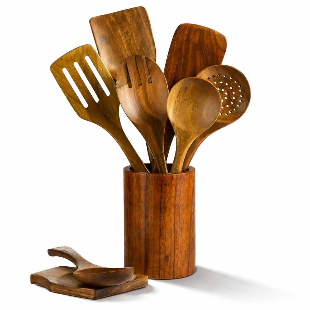 Köksredskapsset i Teakträ – 9 delar med Hållare och Skedstöd – Matlagningsskedar och Spatlar