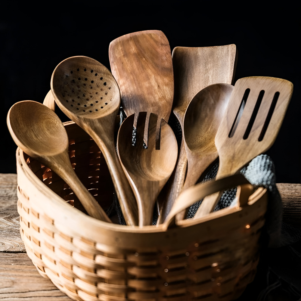 Köksredskapsset i Teakträ – 9 delar med Hållare och Skedstöd – Matlagningsskedar och Spatlar