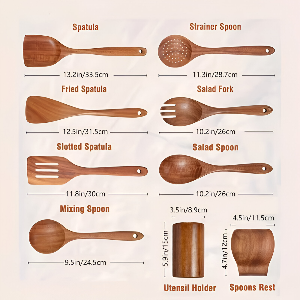 Köksredskapsset i Teakträ – 9 delar med Hållare och Skedstöd – Matlagningsskedar och Spatlar