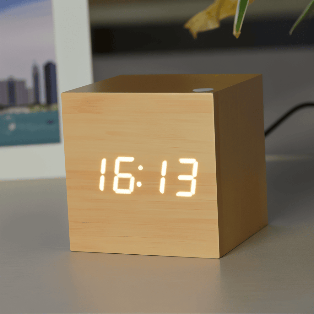 Digital LED Väckarklocka - Kubklocka - Träklocka
