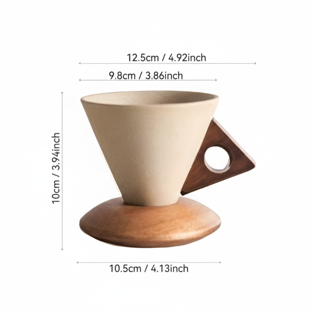 Vintage Keramik Kaffekoppar Set med Trähandtag – 200ml Espresso Koppar & Underskålar, Kegelform, Retro Design