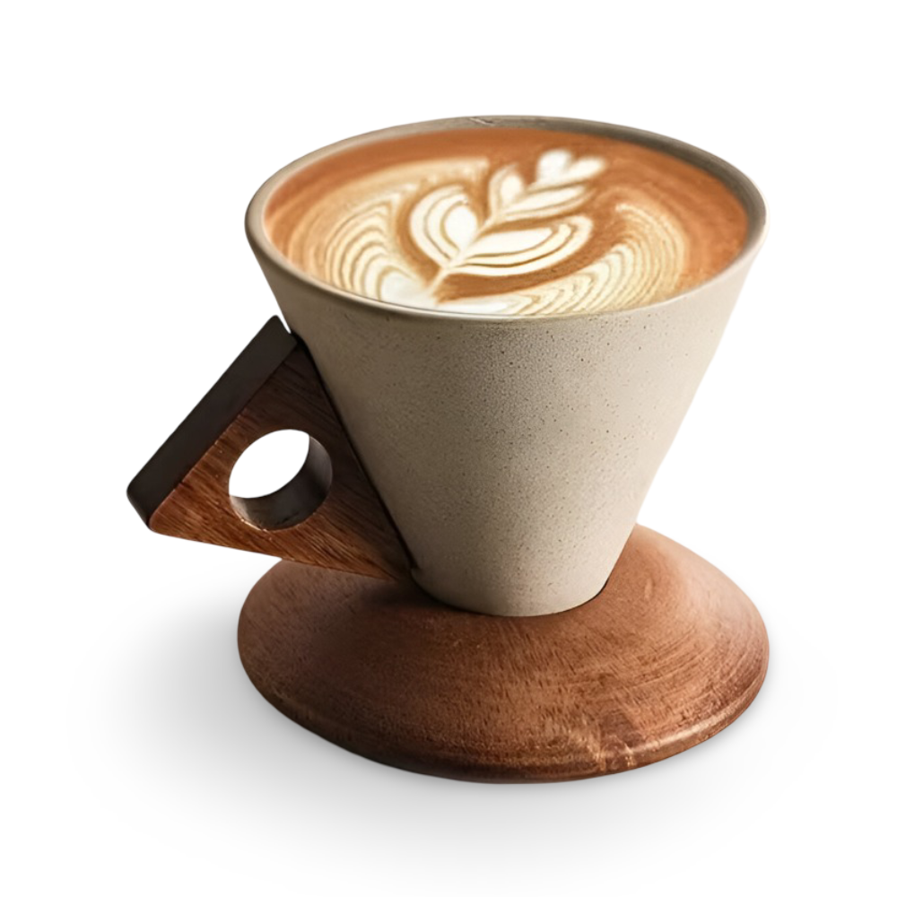 Vintage Keramik Kaffekoppar Set med Trähandtag – 200ml Espresso Koppar & Underskålar, Kegelform, Retro Design