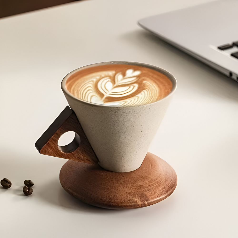 Vintage Keramik Kaffekoppar Set med Trähandtag – 200ml Espresso Koppar & Underskålar, Kegelform, Retro Design