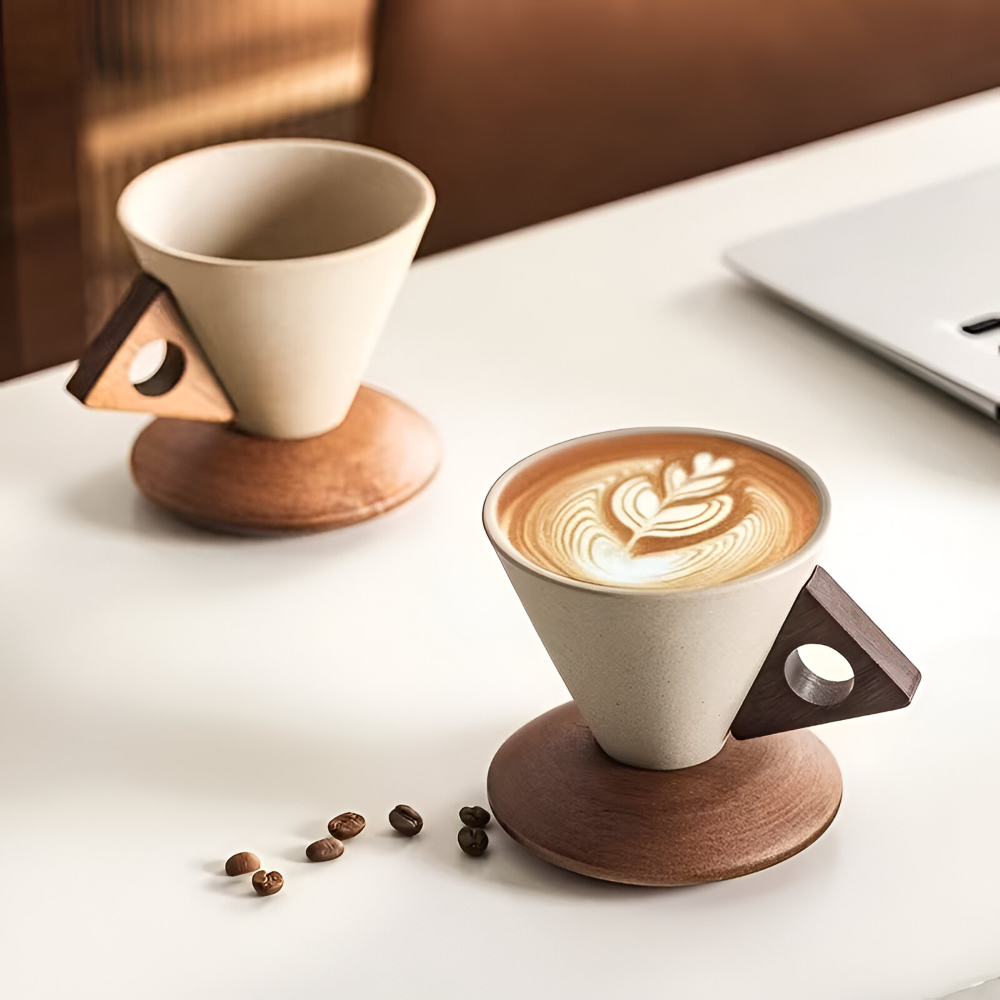 Vintage Keramik Kaffekoppar Set med Trähandtag – 200ml Espresso Koppar & Underskålar, Kegelform, Retro Design