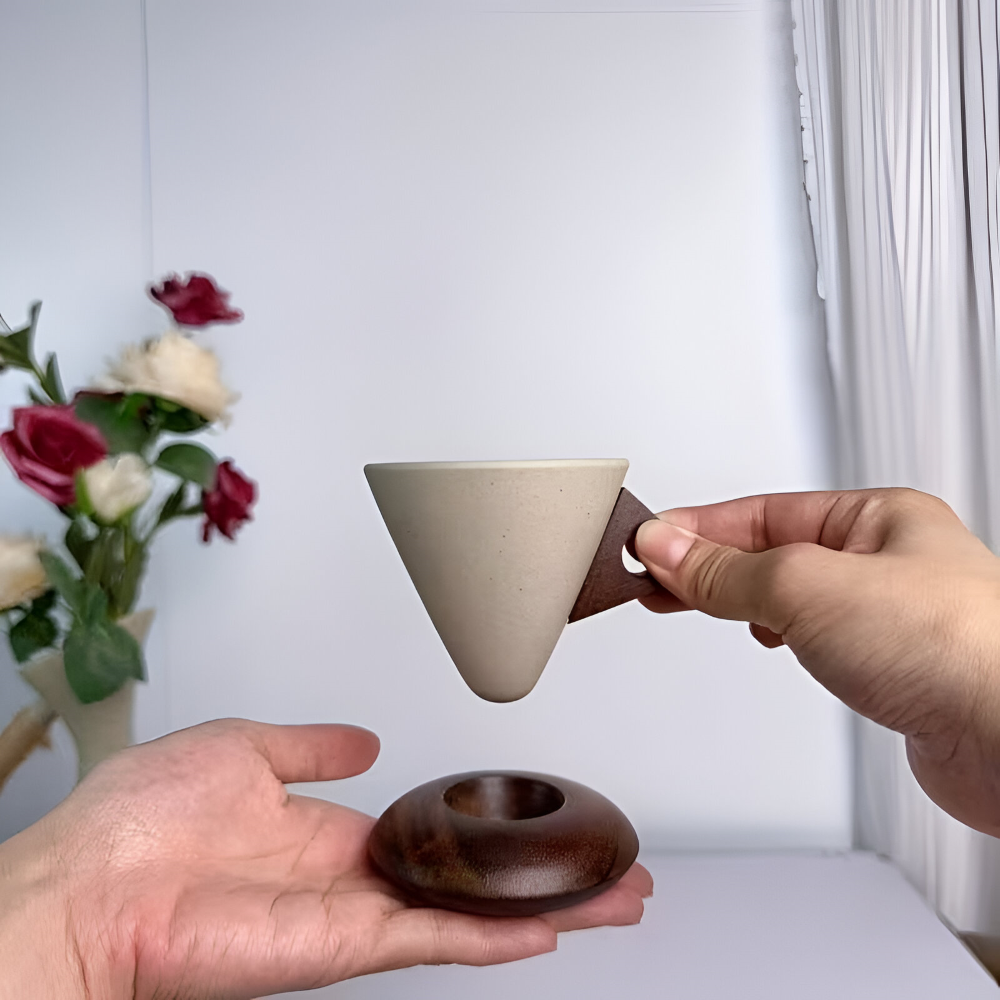 Vintage Keramik Kaffekoppar Set med Trähandtag – 200ml Espresso Koppar & Underskålar, Kegelform, Retro Design