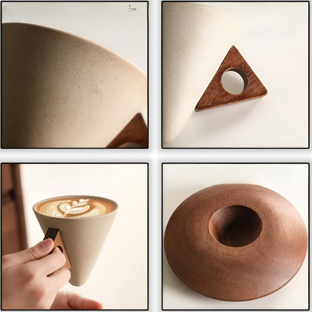Vintage Keramik Kaffekoppar Set med Trähandtag – 200ml Espresso Koppar & Underskålar, Kegelform, Retro Design