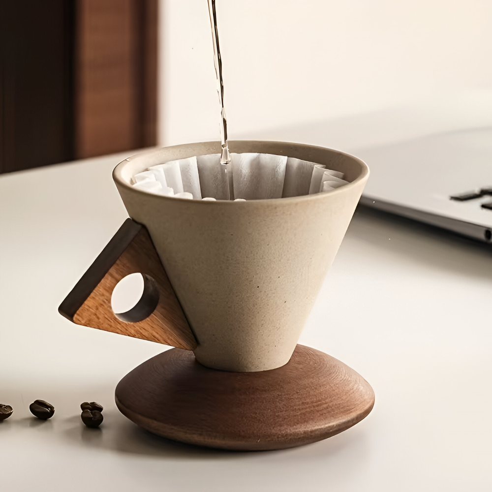 Vintage Keramik Kaffekoppar Set med Trähandtag – 200ml Espresso Koppar & Underskålar, Kegelform, Retro Design