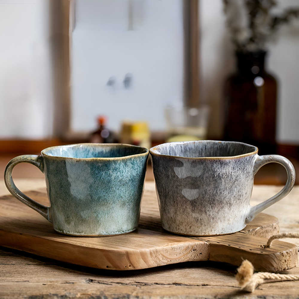 Set med 4 Vintage Keramiska Kaffe Muggar - 350ml, Seladon Glasyr, Rustik Design