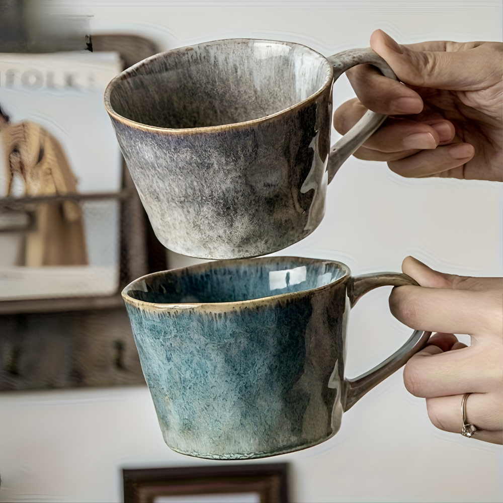 Set med 4 Vintage Keramiska Kaffe Muggar - 350ml, Seladon Glasyr, Rustik Design