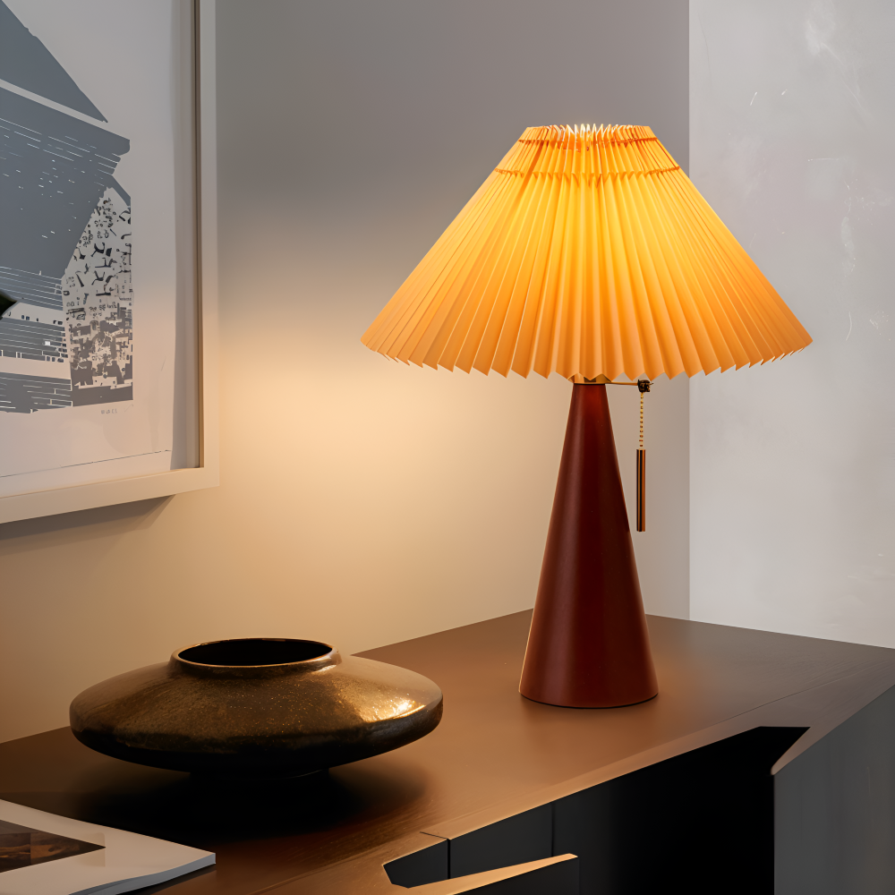 Vintage Bordslampa - Plisserad Bordslampa med Träfot
