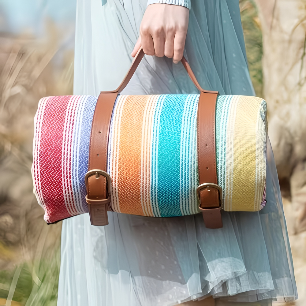 Vattentät Picknickfilt 200x200 cm – Vikbar strandfilt med bärhandtag, rutig, tvättbar