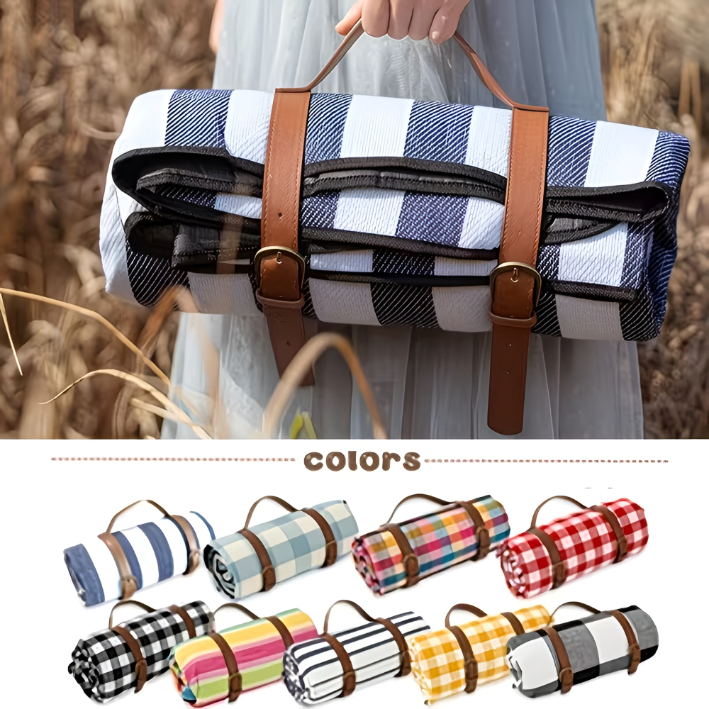 Vattentät Picknickfilt 200x200 cm – Vikbar strandfilt med bärhandtag, rutig, tvättbar