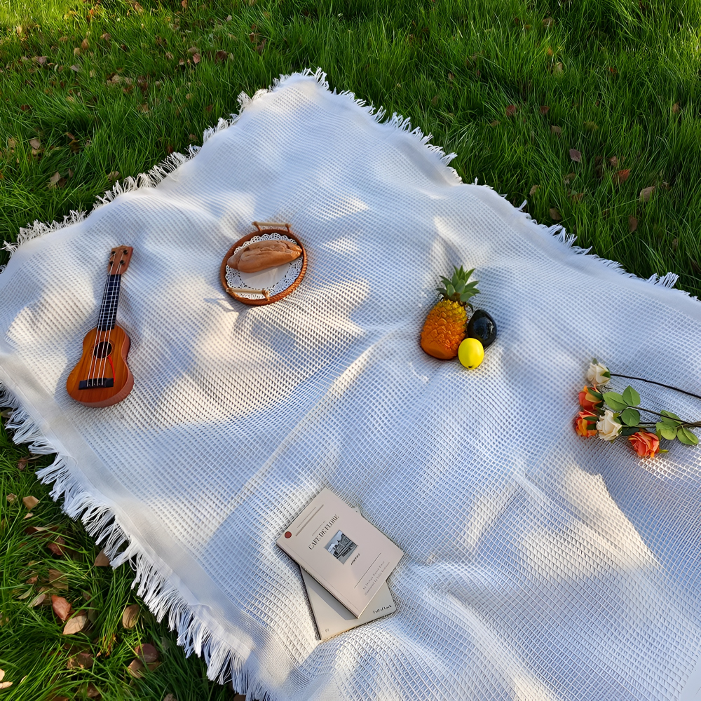 Vit Boho-picknickfilt med Tofsar – 90 x 150 cm, Bomullsblandad Utomhusmatta, Tvättbar