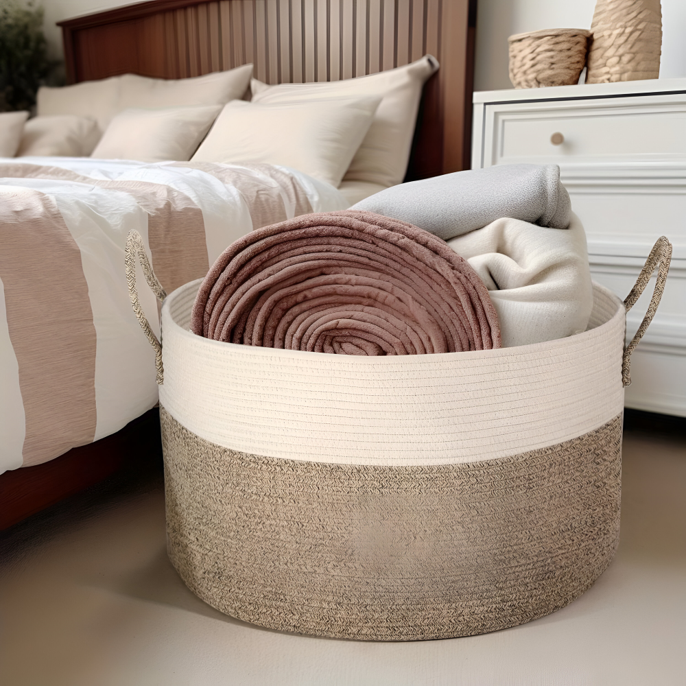 Flätad Förvaringskorg XL (51x34cm) – Tvättkorg & Leksakslåda, Brun/Grå