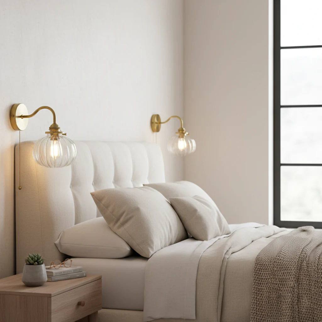 Modern vägglampa med glaskupa och guldfärgat väggfäste