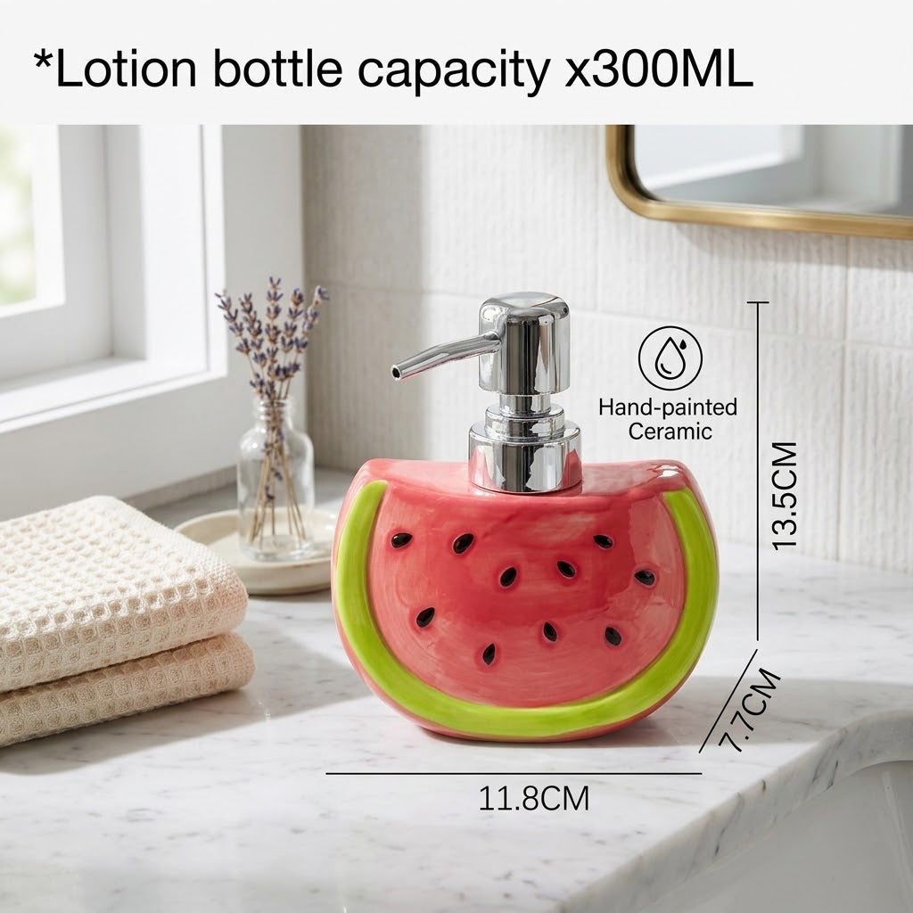 Vattenmelondesign på en dekorativ tvålpump i keramik för badrum eller kök