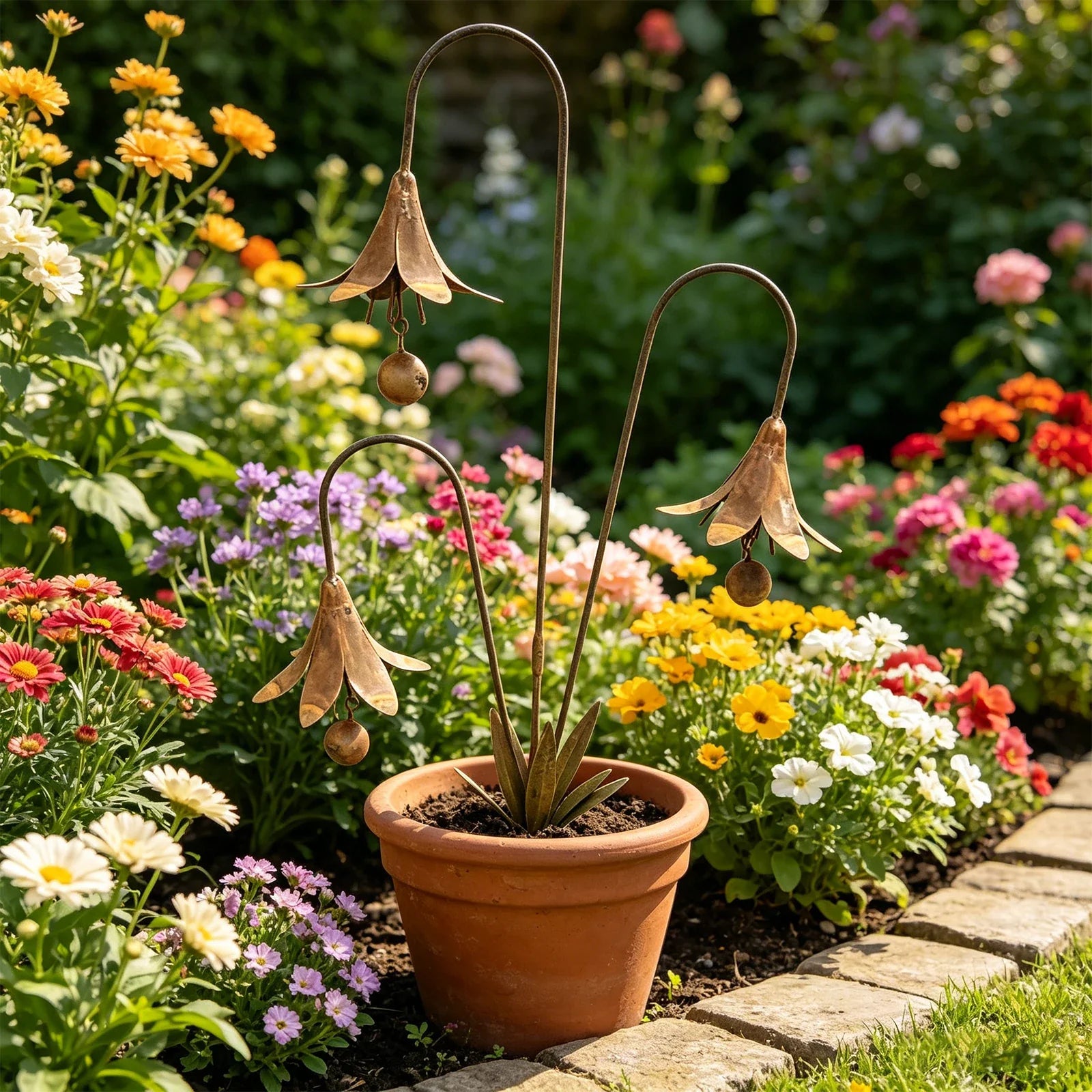 Närbild av trädgårdsdekoration med klockblommor i mörk järnfinish