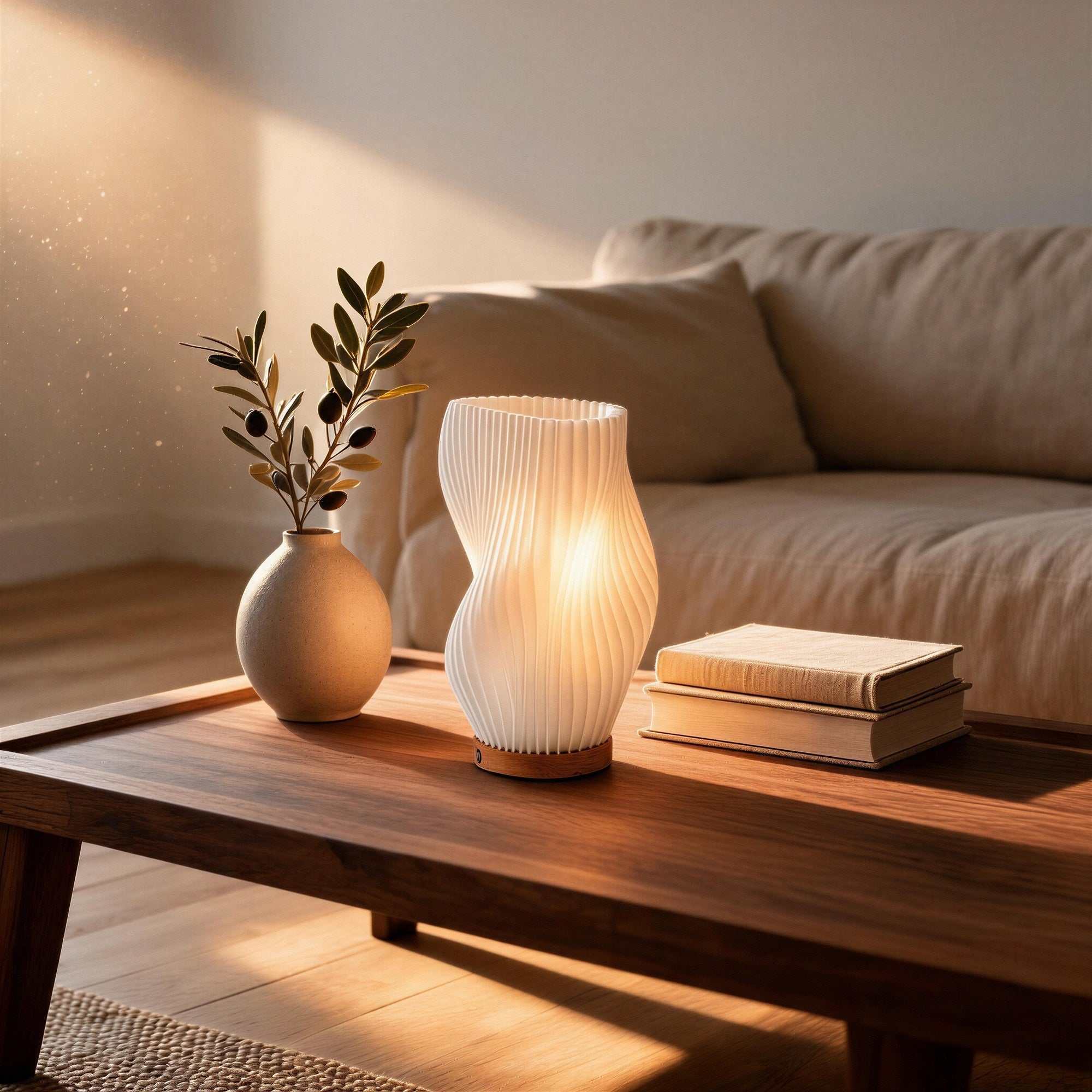 Modern sladdlös sänglampa med ribbad design och träbas