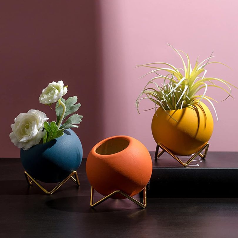 Keramisk blomkruka med metallställning Nordisk stil 10,5 cm