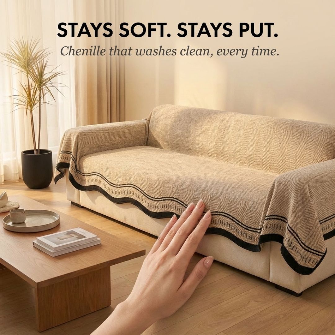 Chenilleöverdrag draperat över soffa med mjuk och slitstark yta