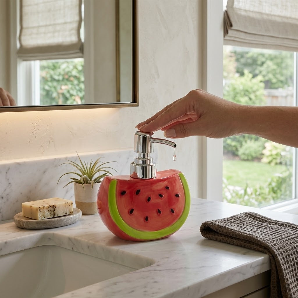 Tvålpump i keramik med dekorativ vattenmelondesign på ett badrumshandfat