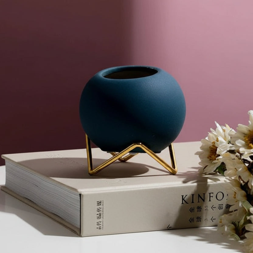 Keramisk blomkruka med metallställning Nordisk stil 10,5 cm