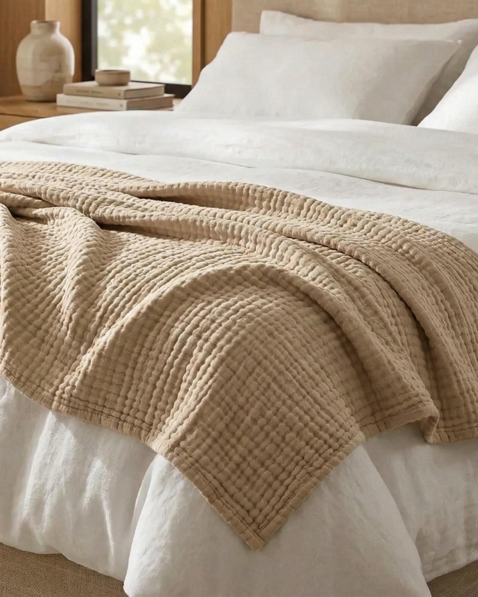 Musslinpläd draperad över en soffa i ett ljust vardagsrum