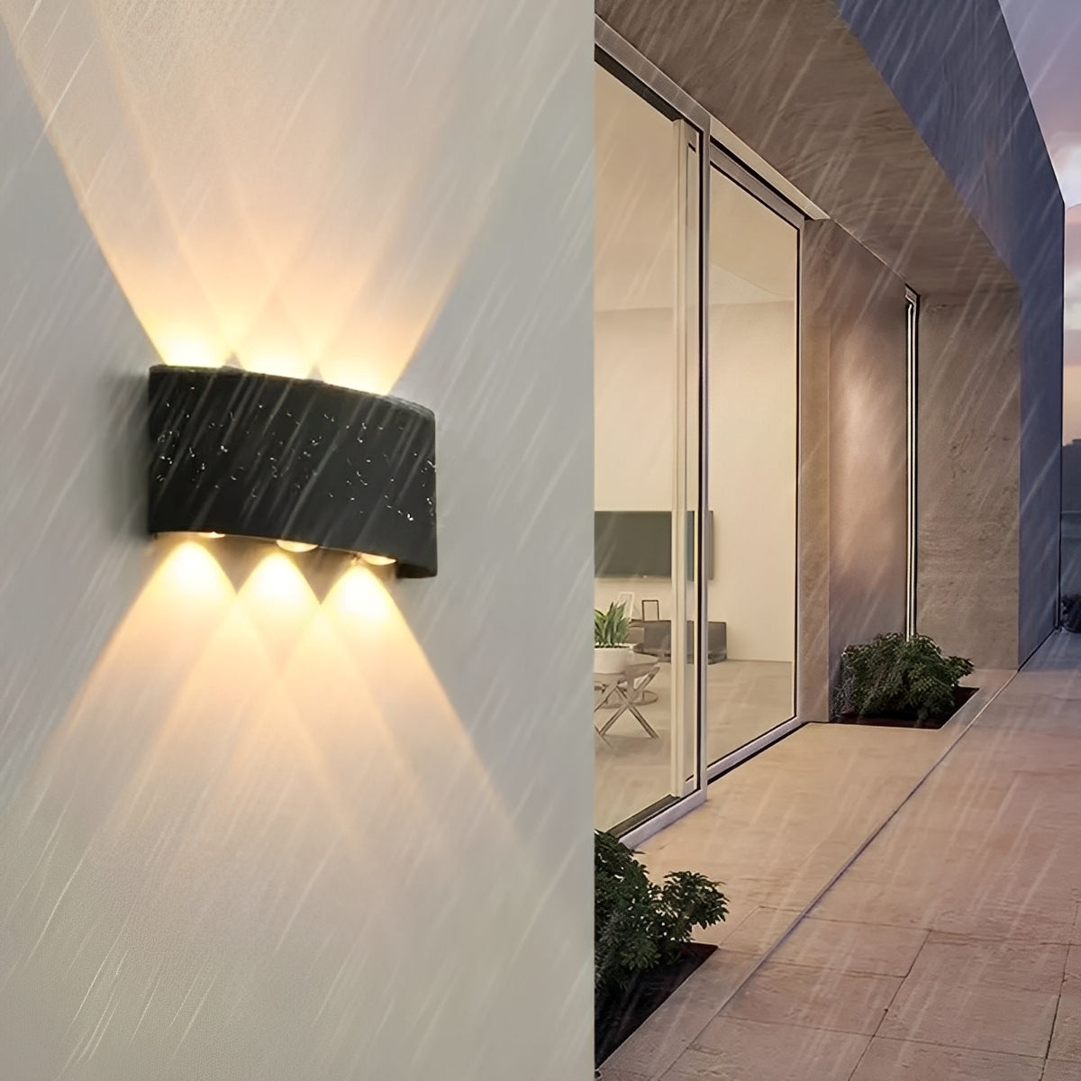 Närbild av svart vägglampa i modern design med varmvit LED-ljusbild