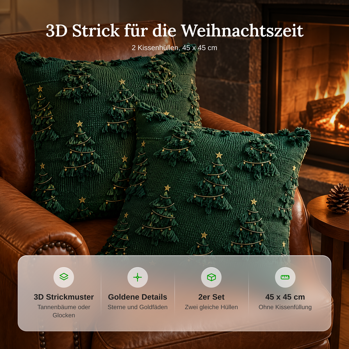 Kuddfodral med stickat klockmotiv i grönt och rött