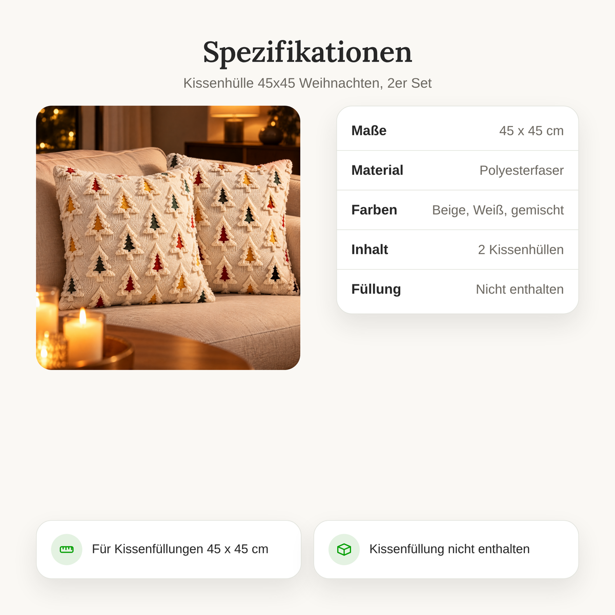 Kuddfodral i beige med lekfulla granar för julinredningen